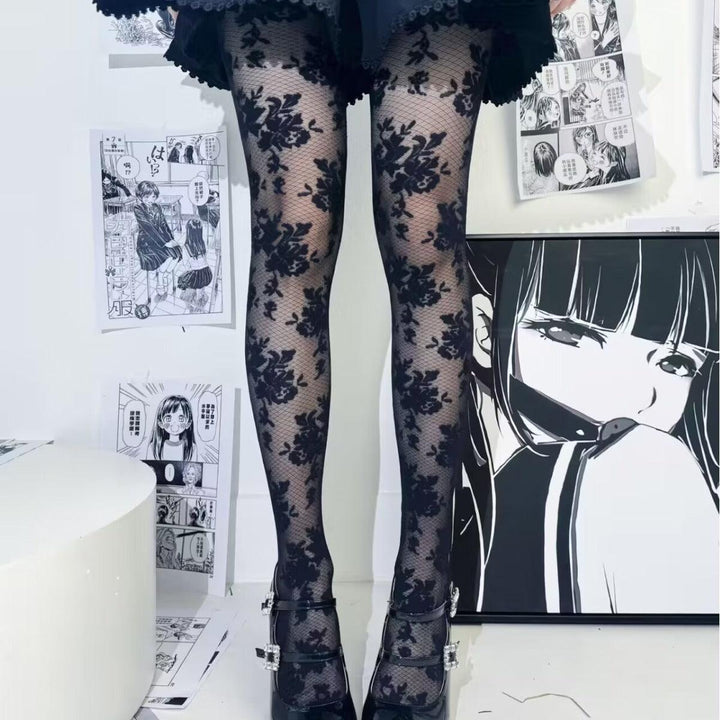 a woman wear lolita plaid floral sexy black stockings