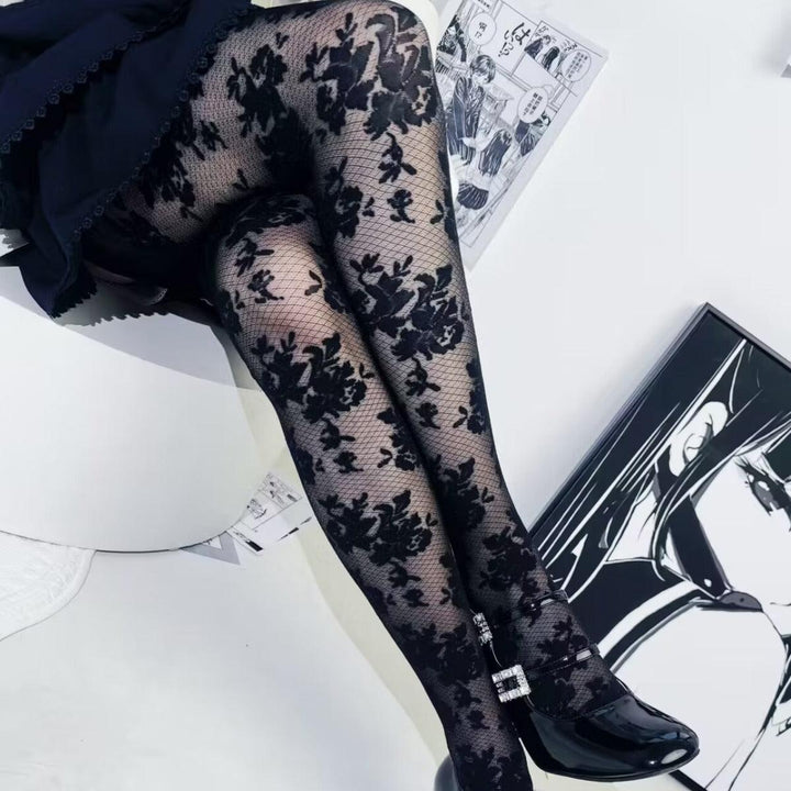 details of lolita plaid floral sexy black stockings