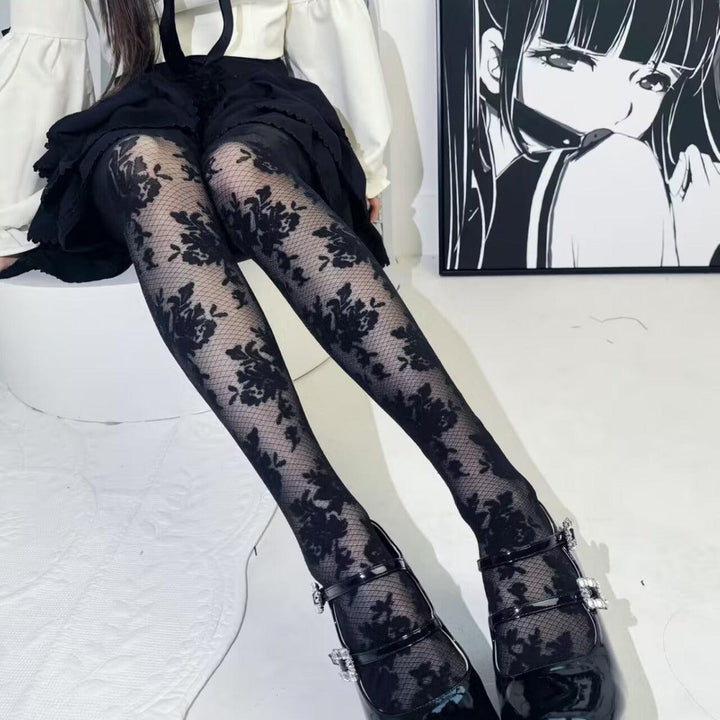lolita plaid floral sexy black stockings