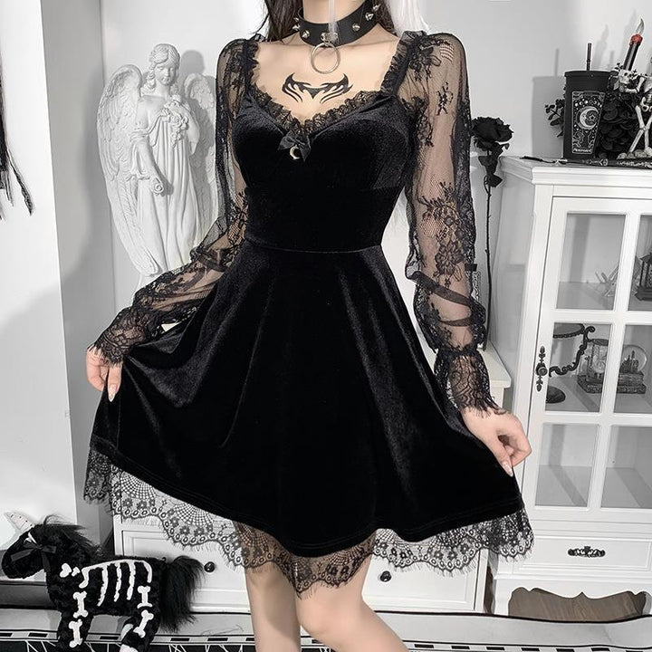 a woman wear a black long sleeve gothic plus size corset dress