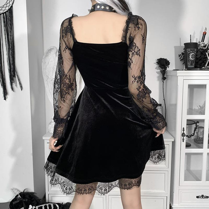 a woman wear a long sleeve gothic plus size corset dress