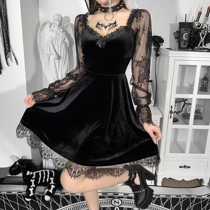 a woman wear a long sleeve gothic plus size corset dress