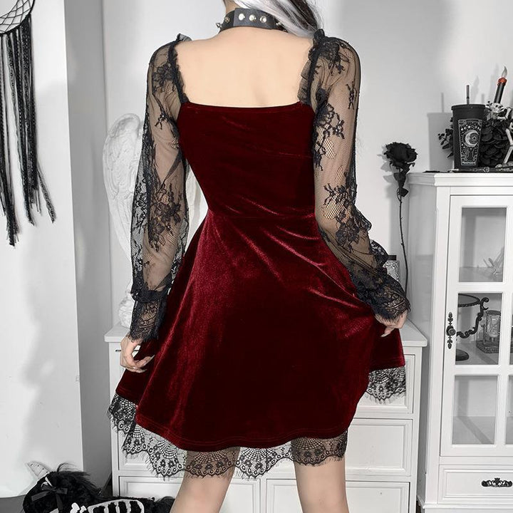 a woman wear a red long sleeve gothic plus size corset dress