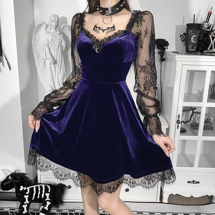 a woman wear a purple long sleeve gothic plus size corset dress
