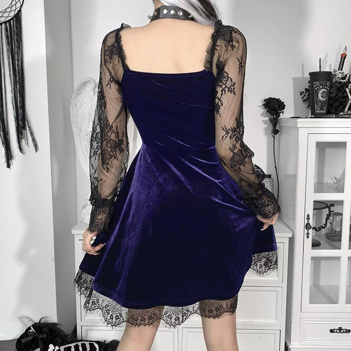 a woman wear a long purple sleeve gothic plus size corset dress