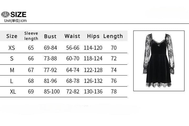 size chart of a long sleeve gothic plus size corset dress