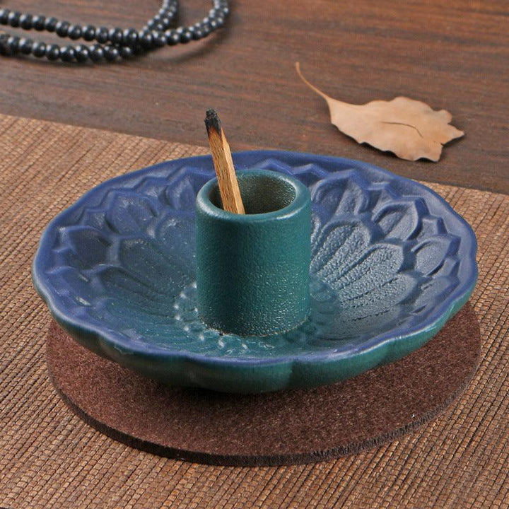 blue lotus flower shape ceramic incense burner base burning tray
