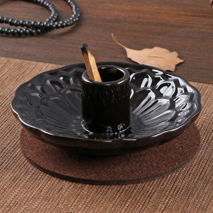 black lotus flower shape ceramic incense burner base burning tray