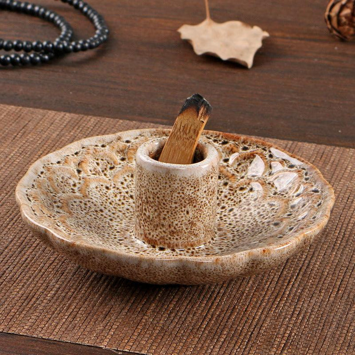 khaki lotus flower shape ceramic incense burner base burning tray