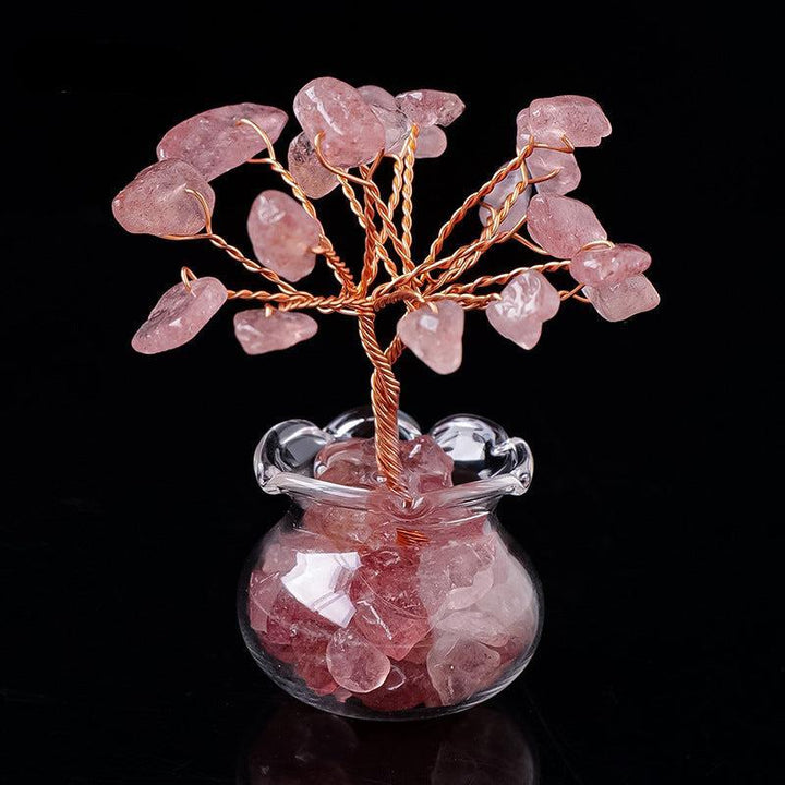 mini strawberry quartz raw crystal bonsai tree ornament