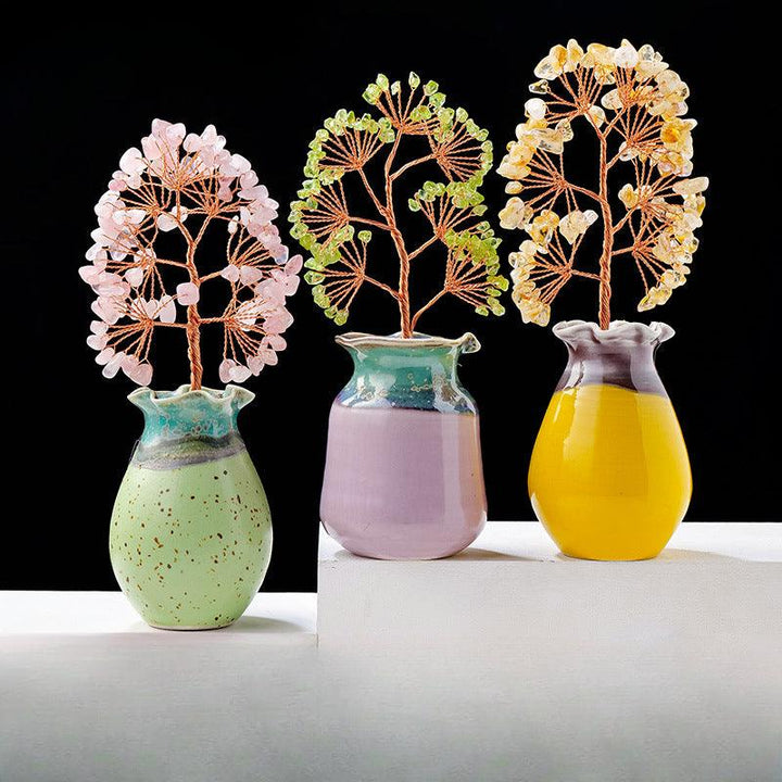 three multi color crystal bonsai tree with ceramic vase base