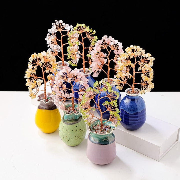 eight multi color crystal bonsai tree with ceramic vase base