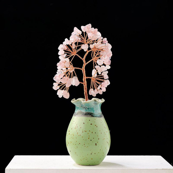 multi color rose quartz crystal bonsai tree with ceramic vase base