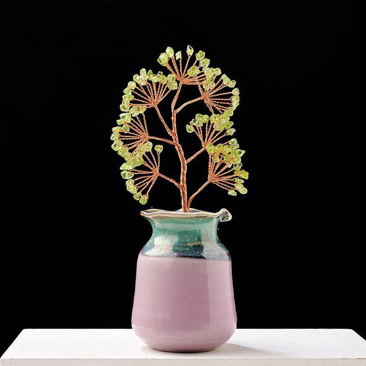 multi color olivine crystal bonsai tree with ceramic vase base