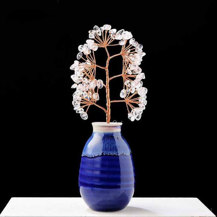multi color Clear Quartz crystal bonsai tree with ceramic vase base