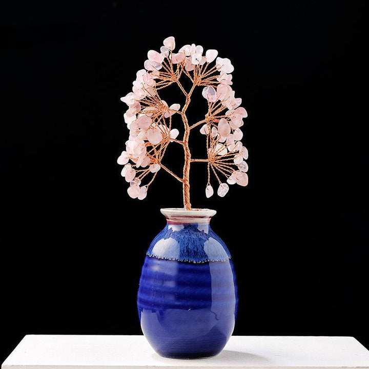 multi color rose quartz crystal bonsai tree with blue ceramic vase base