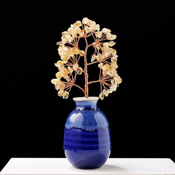 multi color citrine crystal bonsai tree with blue ceramic vase base