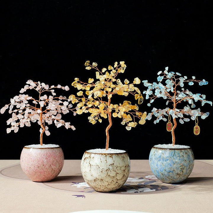 three natural crystal bonsai tree with ceramic base