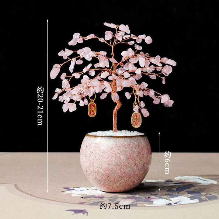 rose quartz crystal bonsai tree with ceramic base