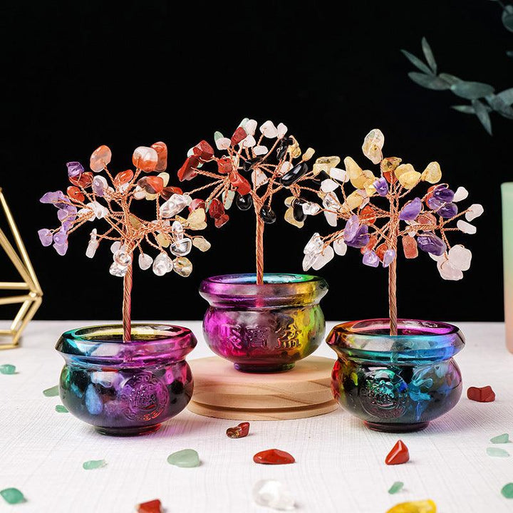 three natural crystal bonsai tree with colorful treasure bowl base