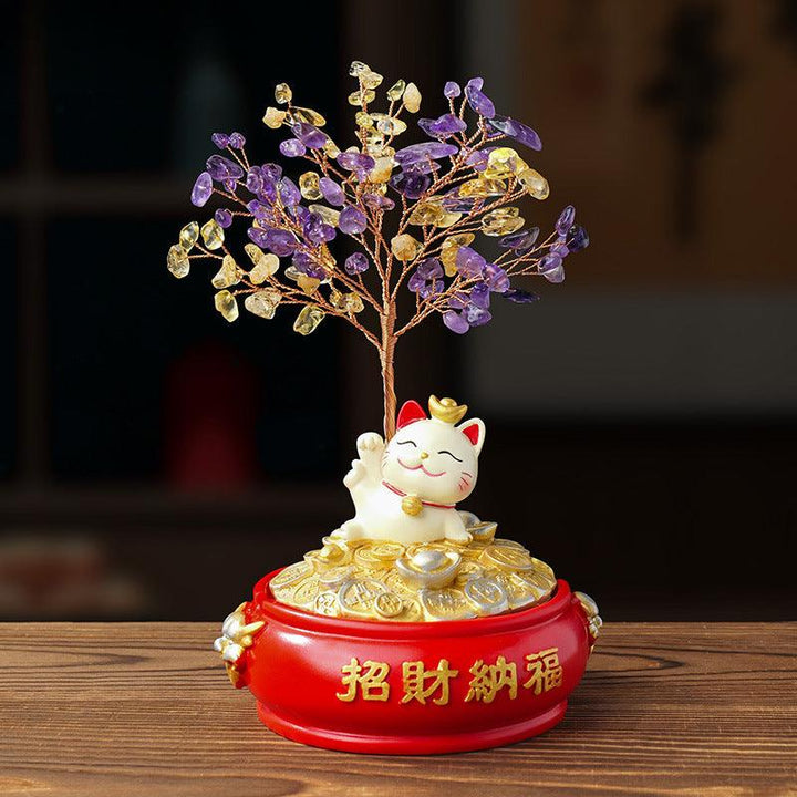 natural crystal bonsai tree with lucky cat wealth pot base on the table