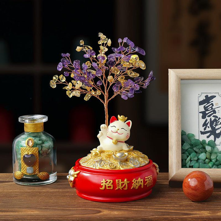 natural crystal bonsai tree with lucky cat wealth pot base