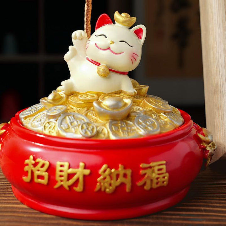 details of natural crystal bonsai tree with lucky cat wealth pot base