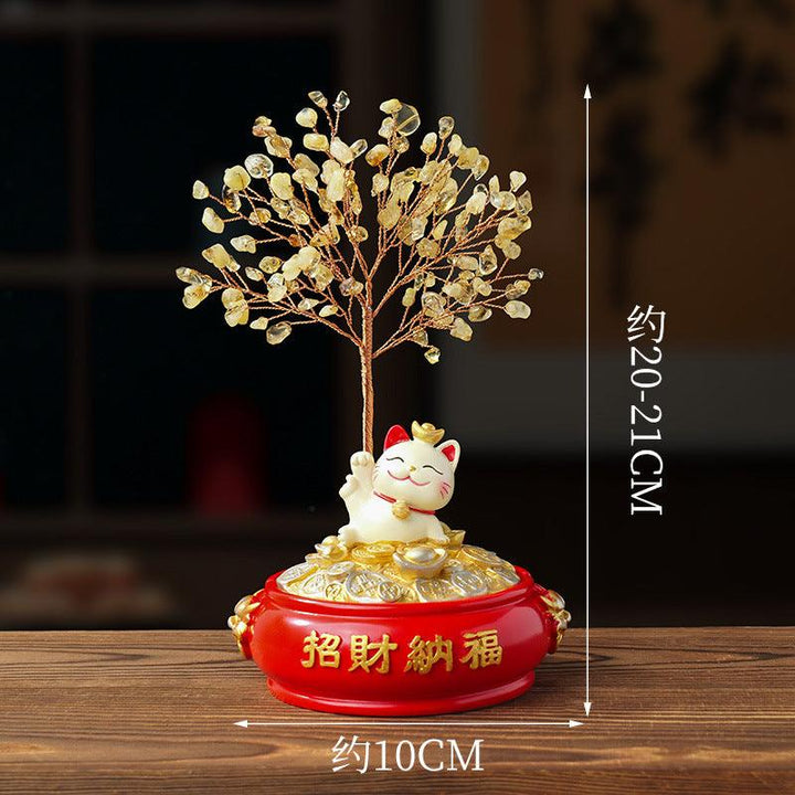 size of natural crystal bonsai tree with lucky cat wealth pot base