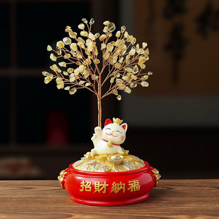 citrine crystal bonsai tree with lucky cat wealth pot base