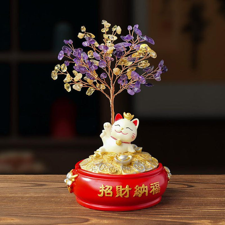 citrine and amethyst crystal bonsai tree with lucky cat wealth pot base