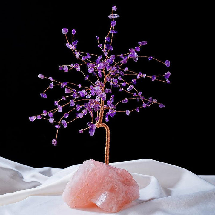 amethyst crystal bonsai tree with raw rose quartz base