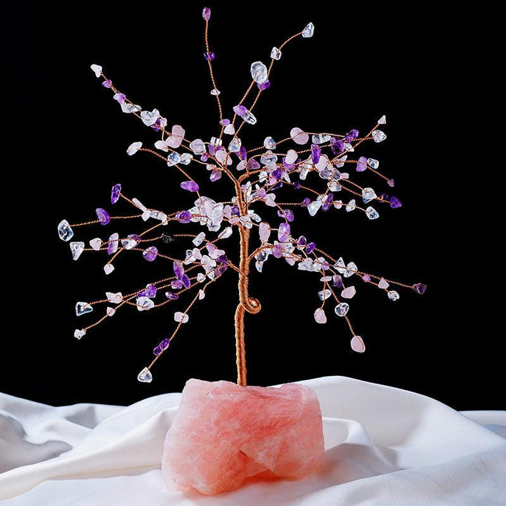 natural mixed crystal bonsai tree with raw rose quartz base
