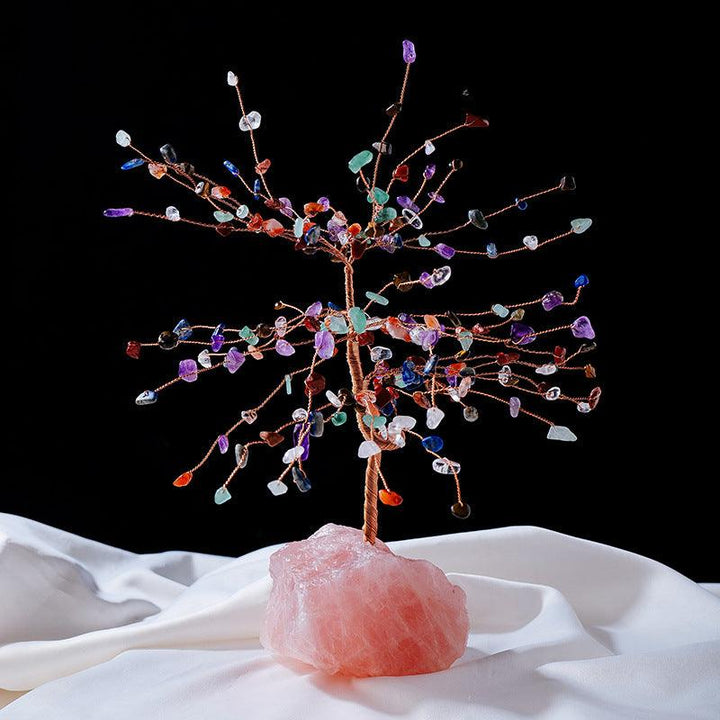 natural rainbow crystal bonsai tree with raw rose quartz base
