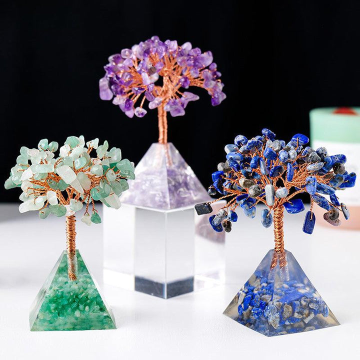 three natural crystal bonsai tree with resin pyramid base