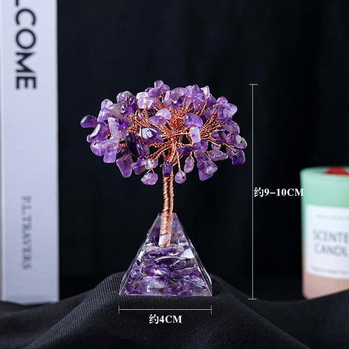 size of natural crystal bonsai tree with resin pyramid base