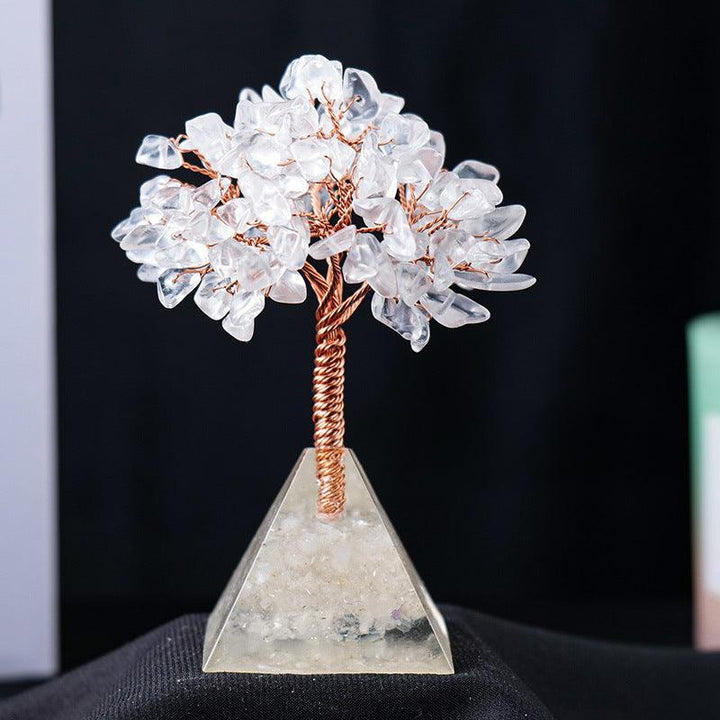 clear quartz crystal bonsai tree with resin pyramid base