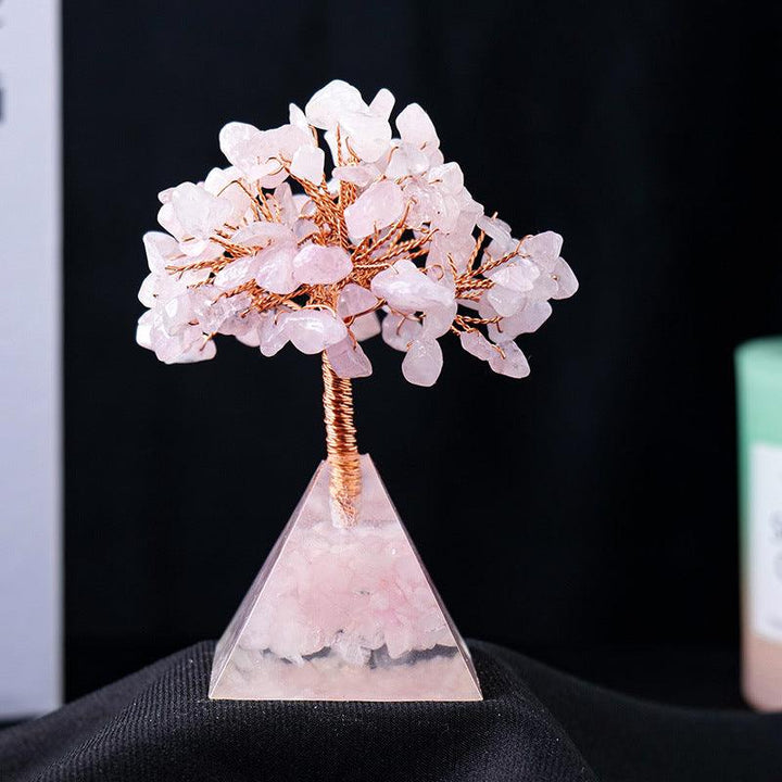 rose quartz crystal bonsai tree with resin pyramid base