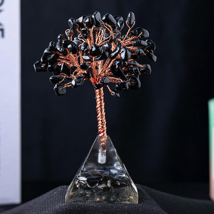 obsidian crystal bonsai tree with resin pyramid base