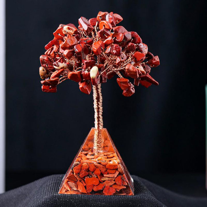 red agate crystal bonsai tree with resin pyramid base