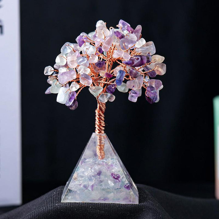 rainbow fluorite crystal bonsai tree with resin pyramid base