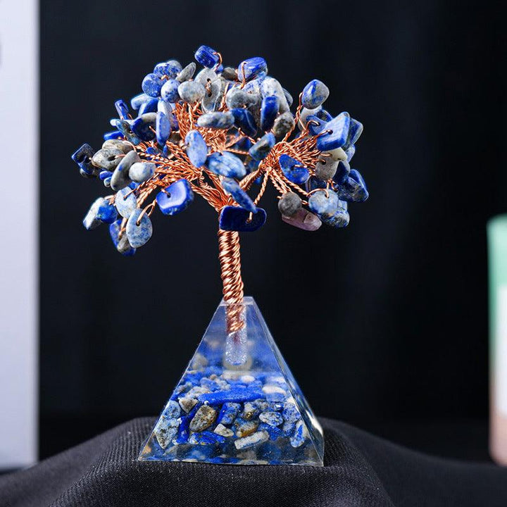lapis lazuli crystal bonsai tree with resin pyramid base