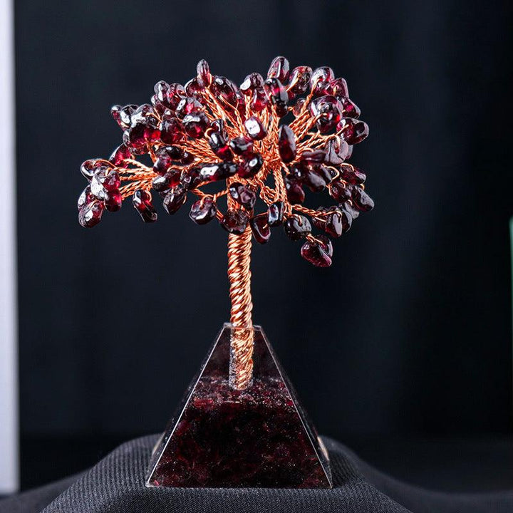garnet crystal bonsai tree with resin pyramid base