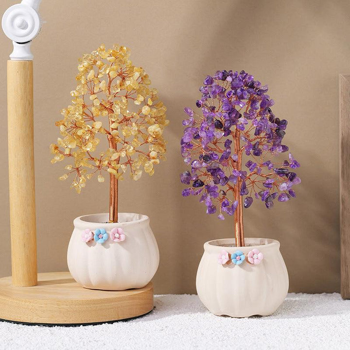 two natural crystal bonsai tree with white flower pot base