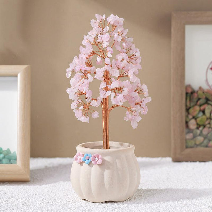 rose quartz crystal bonsai tree with white flower pot base