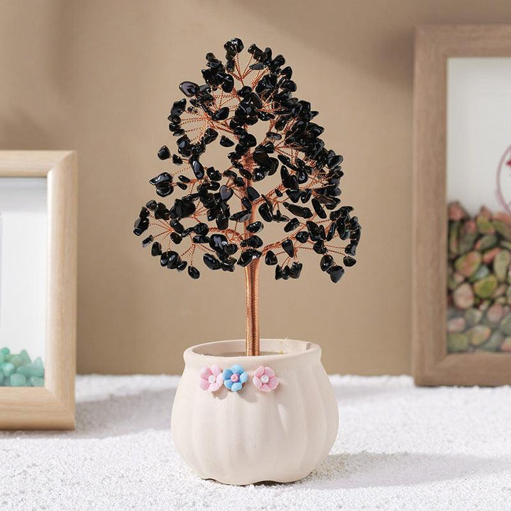 obsidian crystal bonsai tree with white flower pot base