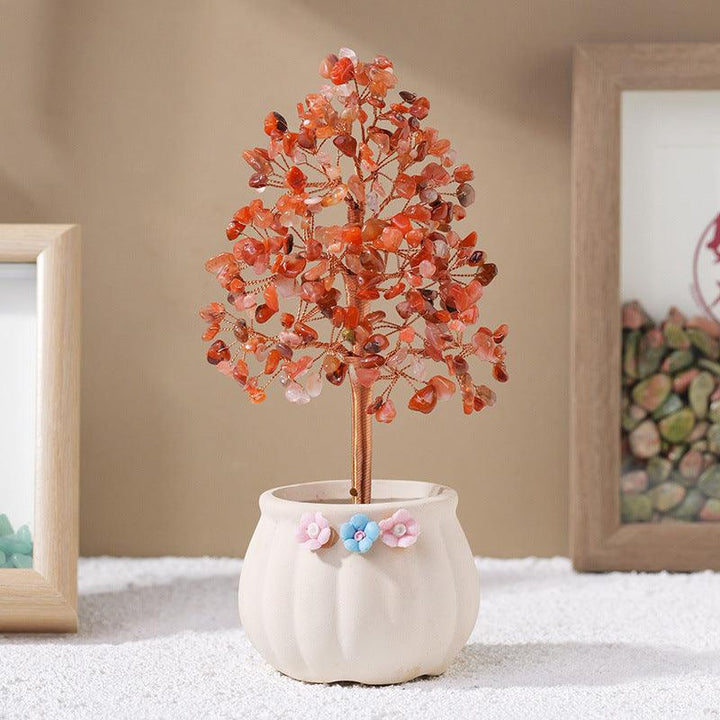 Red Agate crystal bonsai tree with white flower pot base