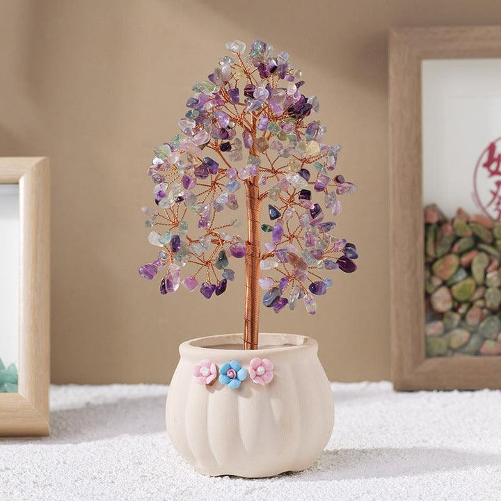 rainbow fluorite crystal bonsai tree with white flower pot base