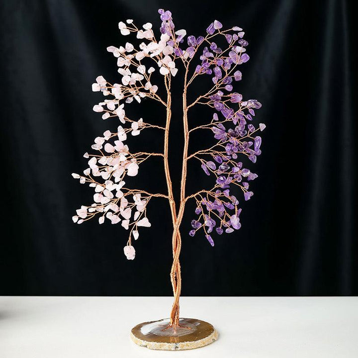 rose quartz and amethyst crystal couples bonsai tree