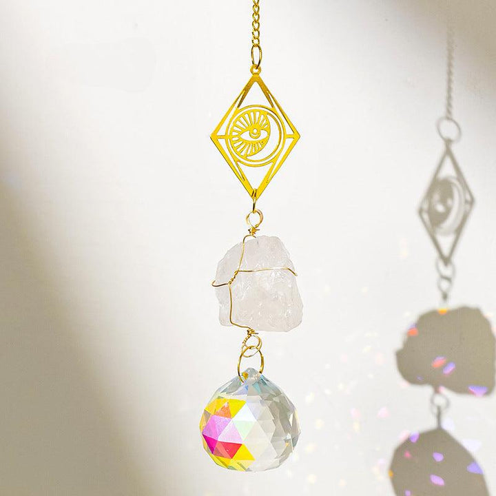Clear Quartz crystal dreamcatcher wind chime pendant with sun and moon 