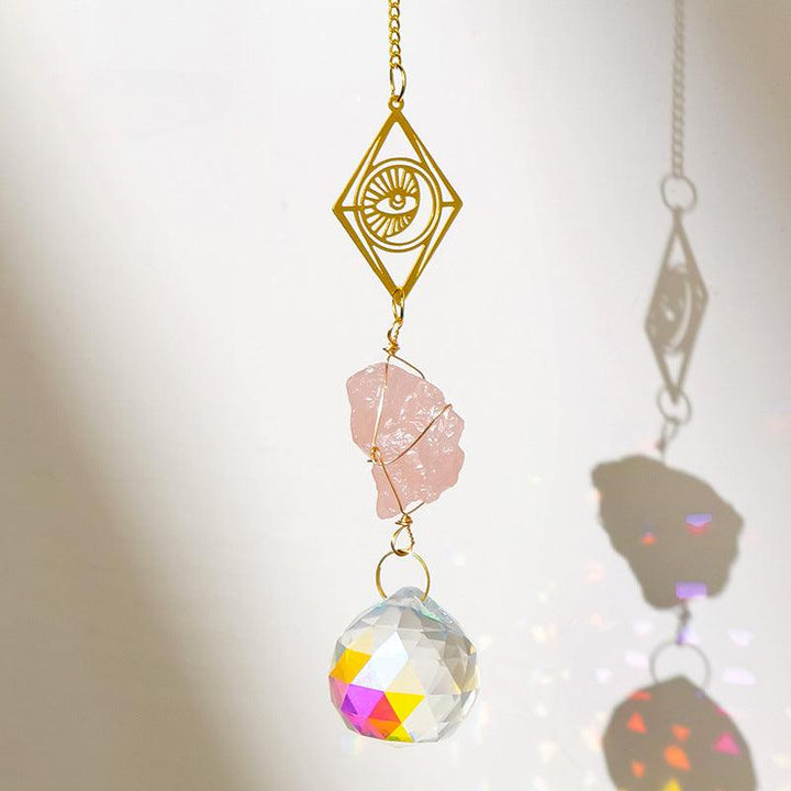 rose quartz crystal dreamcatcher wind chime pendant with sun and moon